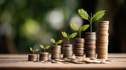 Financial Growth Concept Young Plants Growing on Stacks of Coins Representing Investment and Wealth Creation Sustainable Business Development and Economic Prosperity Increasing    