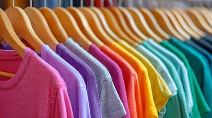 Fototapeta premium Colorful TShirt Collection Rainbow Fashion Apparel Variety Soft Cotton Shirts Summer Style Casual Wear Bright Rainbow Hues Trendy Clothing Design shop sale range image photo store 