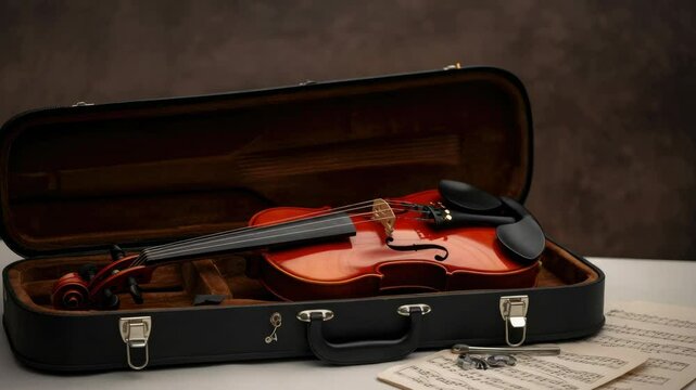 Classical wooden violin in black case with sheet music and bow