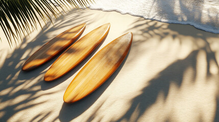 Vintage Surfboards on a Tropical Beach Summer Vacation Concept, Generative AI
