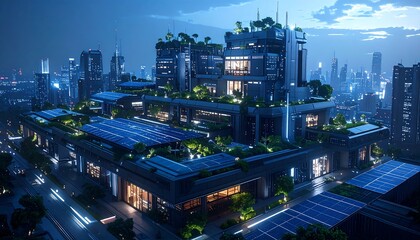 Futuristic Eco Cityscape at Night Stunning Rooftop Gardens Solar Panels Sustainable Urban Design