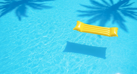Yellow inflatable raft floating in a blue swimming pool with palm tree shadows