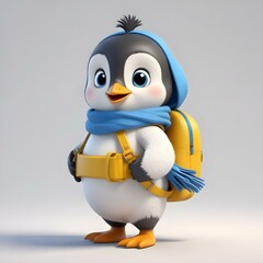 Obraz premium 3d adorable cartoon style of a cute young penguin wearing a yellow backpack and a blue scarf