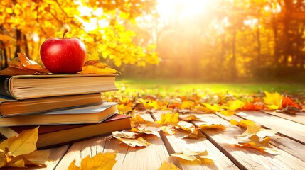 Books and red apple resting on wooden table in autumn park