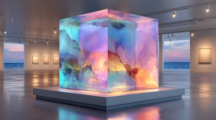 A glowing bio-energy cube emitting shifting blue, green, and purple light in a white sci-fi room. Organic and futuristic—ideal for AI, clean tech, or conceptual innovation visuals.