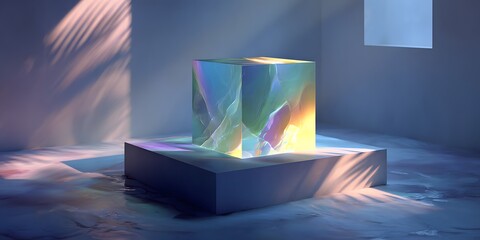 A glowing bio-energy cube emitting shifting blue, green, and purple light in a white sci-fi room. Organic and futuristic—ideal for AI, clean tech, or conceptual innovation visuals.