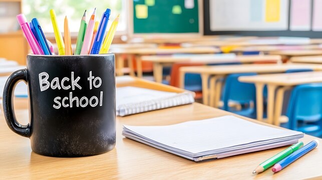 Back to school coffee mug filled with colorful pens and pencils on teacher's desk