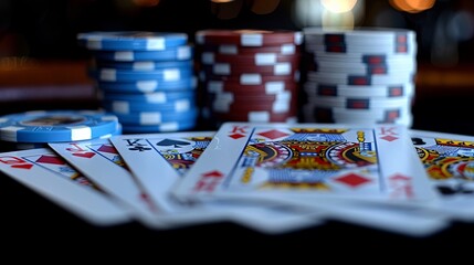 Fototapeta premium Exciting card game in a lively casino atmosphere with colorful chips and playing cards on a table