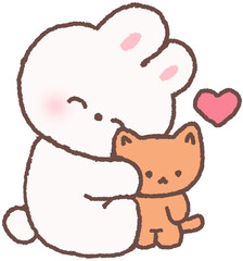 토끼가 고양이를 안고 있는 캐릭터 손그림 일러스트