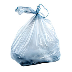 A translucent blue garbage bag filled with waste