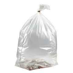 Clear plastic garbage bag tied at top filled with trash