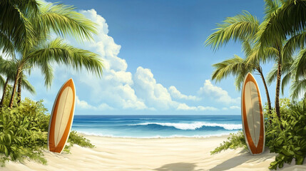 Vintage Surfboards on a Tropical Beach Summer Vacation Concept, Generative AI
