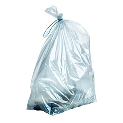 A translucent plastic bag filled with trash waste disposal