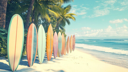 Vintage Surfboards on a Tropical Beach Summer Vacation Concept, Generative AI
