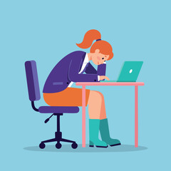 Woman sitting tired at office desk using laptop in blue and orange colors vector illustration