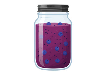 Blueberry preserves inside a jar with a metal lid showcasing the berries suspended in a dark purple jelly
