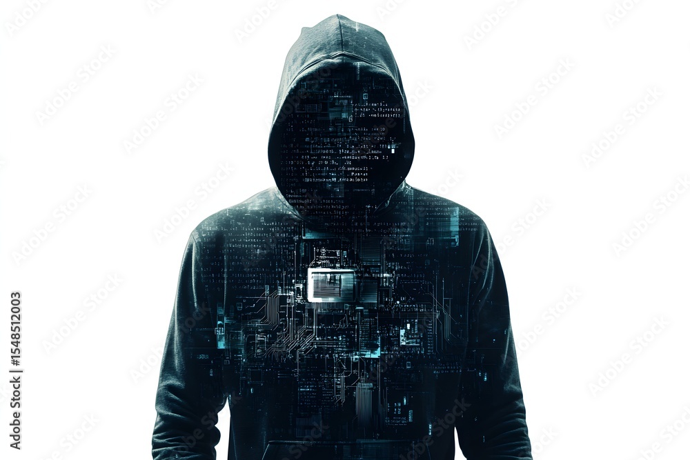 Aufkleber mysterious figure in hoodie with digital matrix background representing cybersecurity