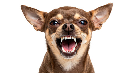 Close up of a brown and tan chihuahua snarling with mouth open showing teeth in a fierce expression
