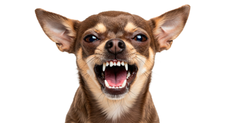 Close up of a brown and tan chihuahua snarling with mouth open showing teeth in a fierce expression