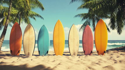 Vintage Surfboards on a Tropical Beach Summer Vacation Concept, Generative AI
