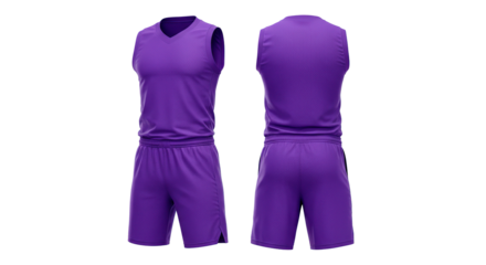 Front and back view of a purple basketball uniform with v neck and shorts on a dark setting