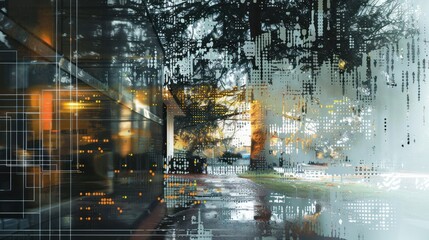 Digital composite scene combining nature and technological abstract elements