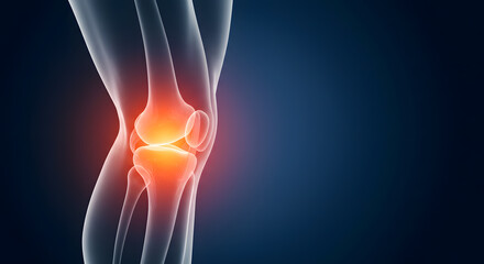 Glowing Knee Joint Illustration with Red Pain Highlights on Dark Blue