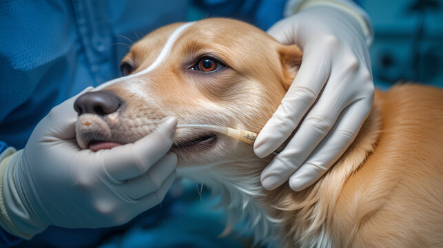 Close-up of a veterinarian intubating a dog during a surgical procedure. The veterinarian is wearing surgical gloves and is carefully inserting the tube into the dog's trachea.