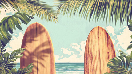Vintage Surfboards on a Tropical Beach Summer Vacation Concept, Generative AI
