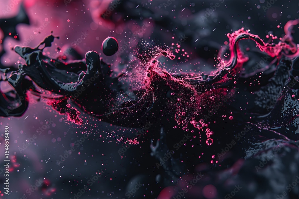 Poster vivid splashes of black and pink paint create an abstract visual display in a dynamic composition