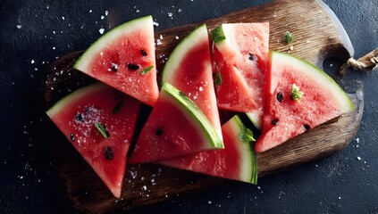 Sliced watermelon with herbs and salt on a wooden board.