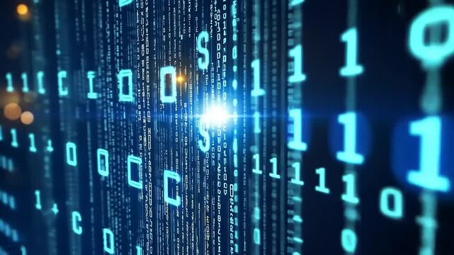 Abstract digital background with glowing binary code, representing technology and data processing - Powered by Adobe