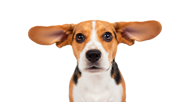 Close up portrait of a beagle with floppy ears looking directly at the viewer with a curious expression