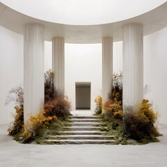 A stone stairway adorned with plantings in a white colonnaded hall.