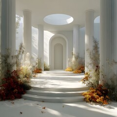 A minimalist, sunlit space with a stairway and floral arrangements.