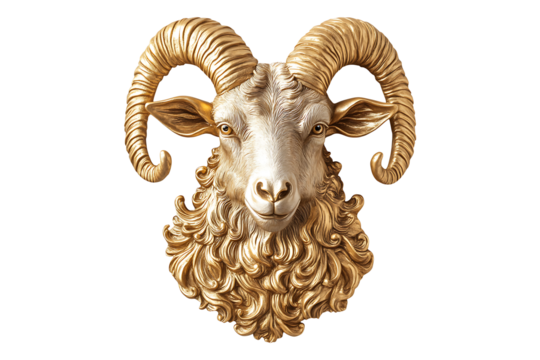 Golden head of a goat statue isolated on a transparent background