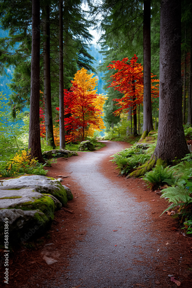 Poster winding path cuts through lush forest adorned with vivid autumn leaves. scenic setting filled with r