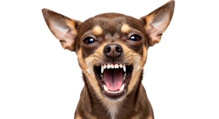 Close up of a chihuahua with brown and tan fur showing its teeth and open mouth on a solid color