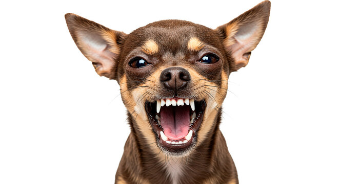 Close up of a chihuahua with brown and tan fur showing its teeth and open mouth on a solid color