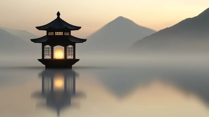 Tranquil Glow - Illuminated Floating Lantern on Calm Lake at Dusk
