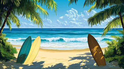 Vintage Surfboards on a Tropical Beach Summer Vacation Concept, Generative AI
