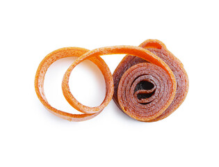 Delicious fruit leather rolls on white background, top view