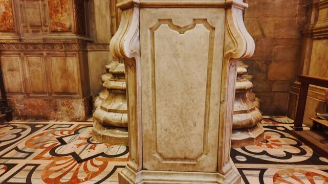 Close perspective on the marble statue of St Bartholomew flayed exposing fine anatomical detail within the Duomo di Milano, Milan, Lombardy, Italy