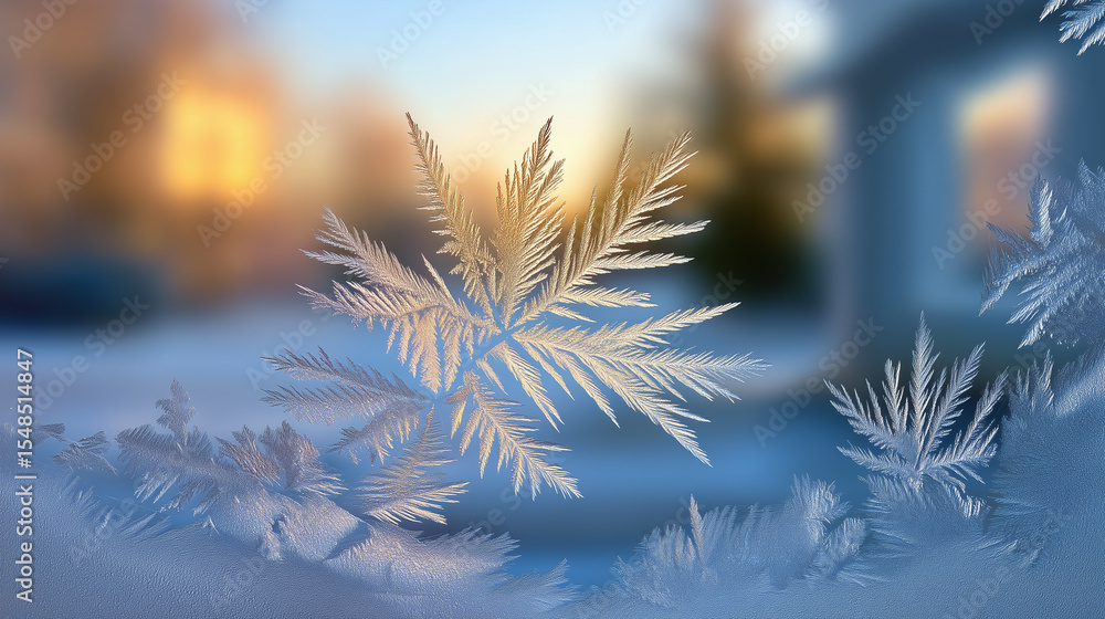 Poster frosted patterns form on window glass capturing delicate ice crystals. soft light shines through a w