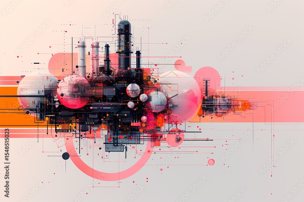 Poster abstract digital artwork representing industrial structures and energetic forms in a vibrant color p
