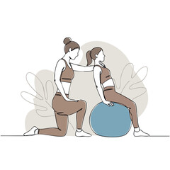Women doing physical therapy exercise with fitness ball in calm indoor setting vector illustration