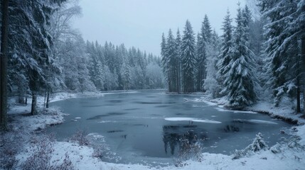 Snowy forest lake scene