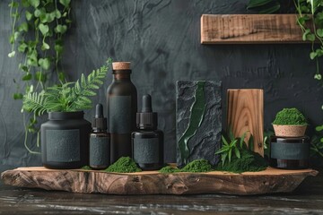 Fototapeta premium Elegant display of natural skincare products in a serene green setting with wooden accents on a rustic table