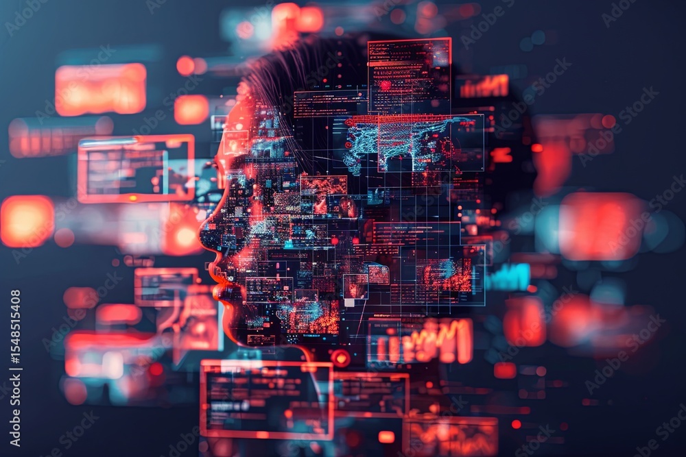 Poster digital representation of a woman with data visualizations in a futuristic setting at night showcasi