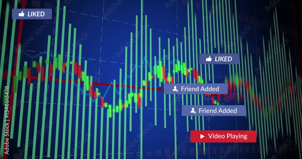 Poster displaying trading chart fluctuating on grid screen with bar graph and candlesticks, social badges